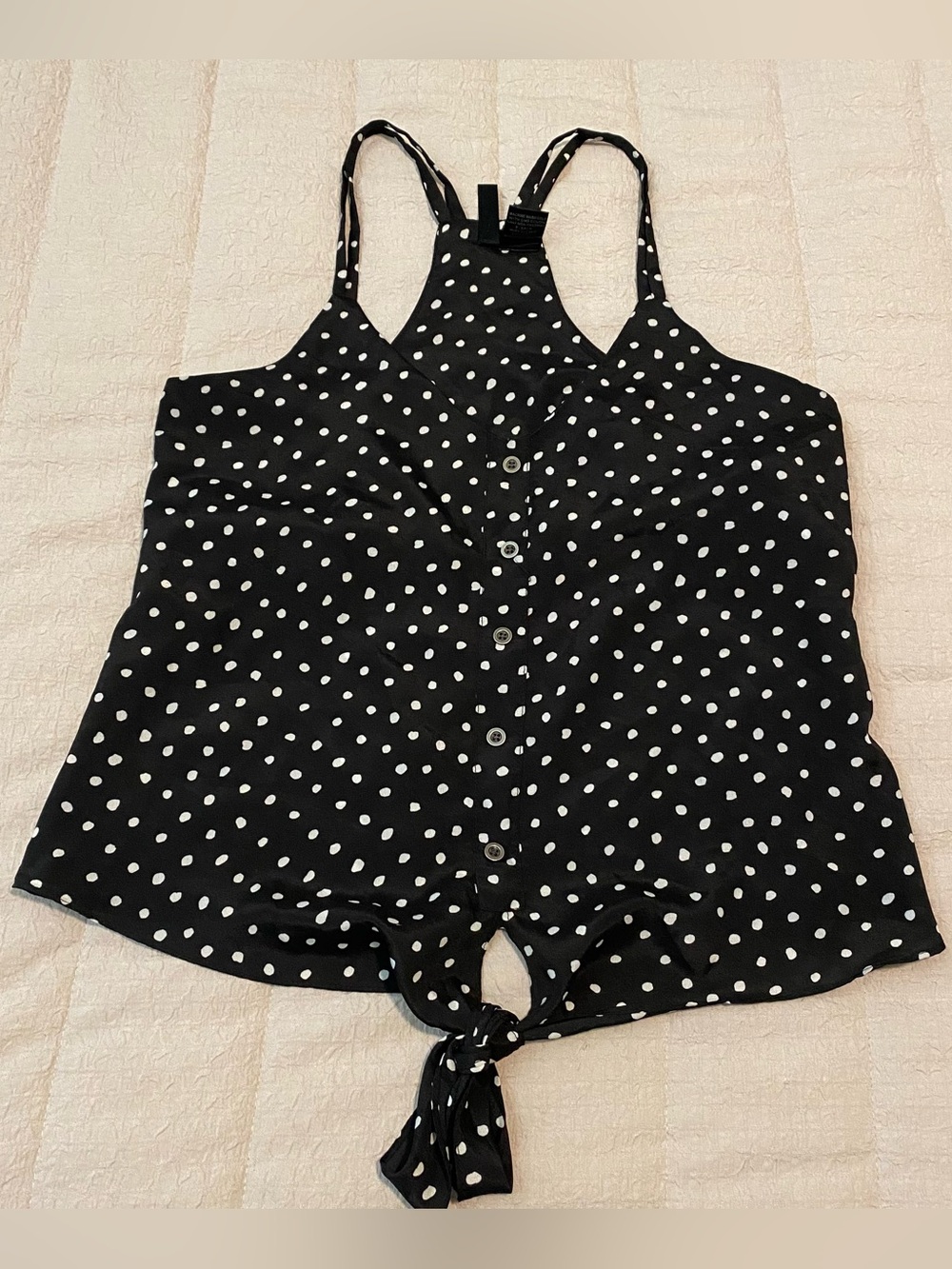 Full Tilt Black and White Polka Dot Button-Front Tie-Hem Cami